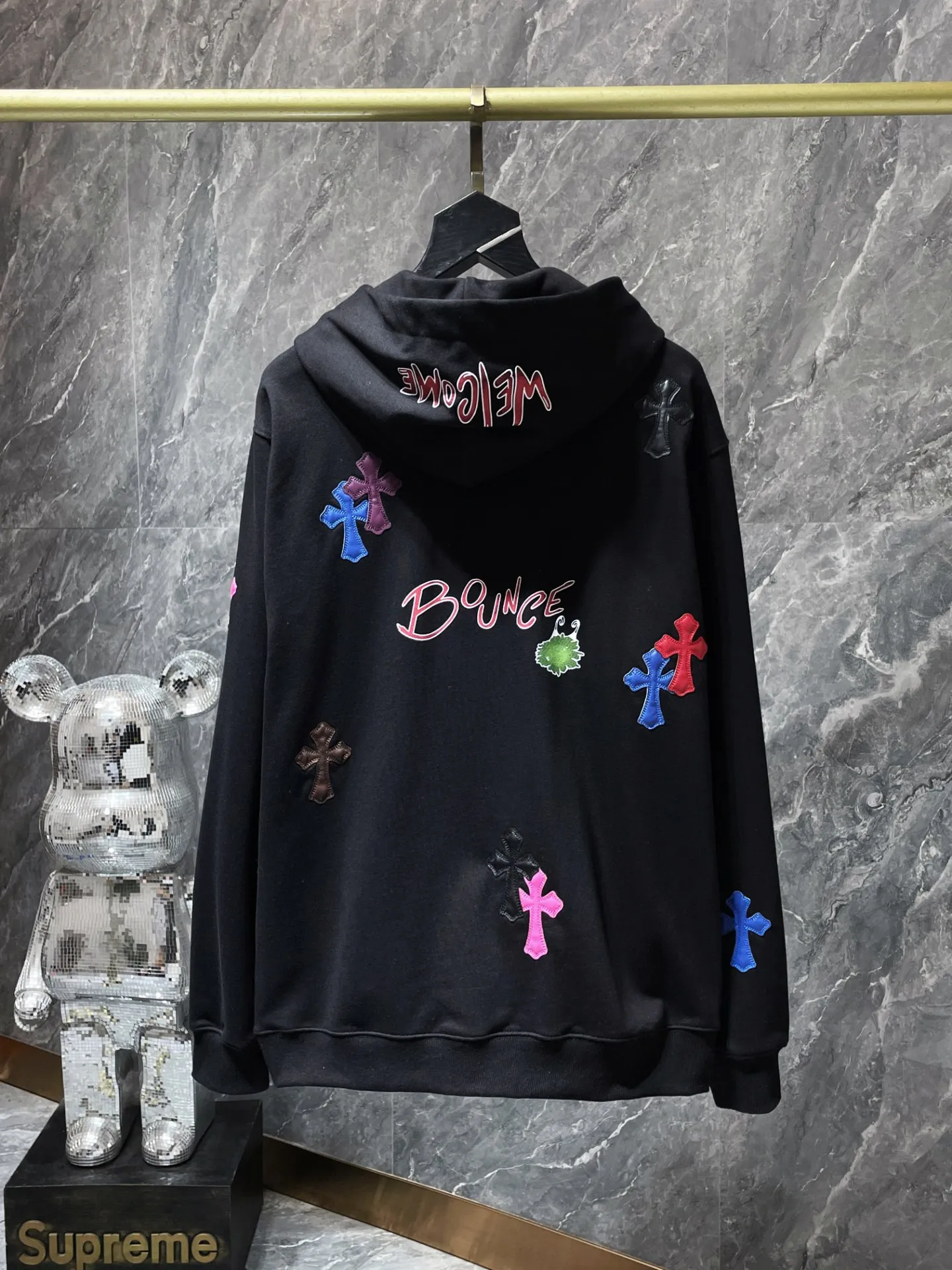 P276 Chrome Hearts Autumn and Winter 2025 Counter Synchronization Colorful cross patchwork leather Sanskrit hand-painted graffiti hooded sweatshirt Special customized version 1:1 high weight fabric Highest version Imported leather Recommended color: black gray Code number: S, M, L, XL
